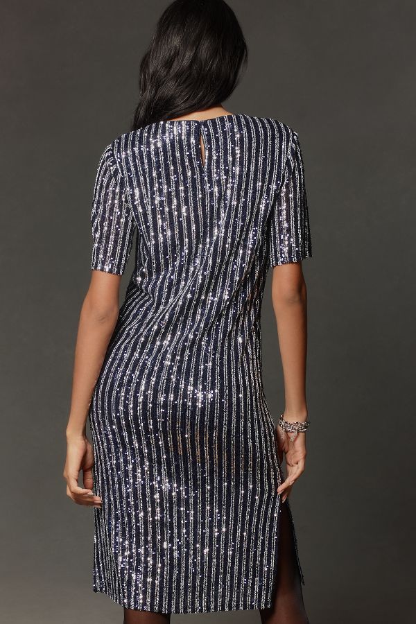 Slide View: 2: Flat White Short-Sleeve Sequin Stripe Midi Dress