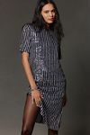 Thumbnail View 1: Flat White Short-Sleeve Sequin Stripe Midi Dress