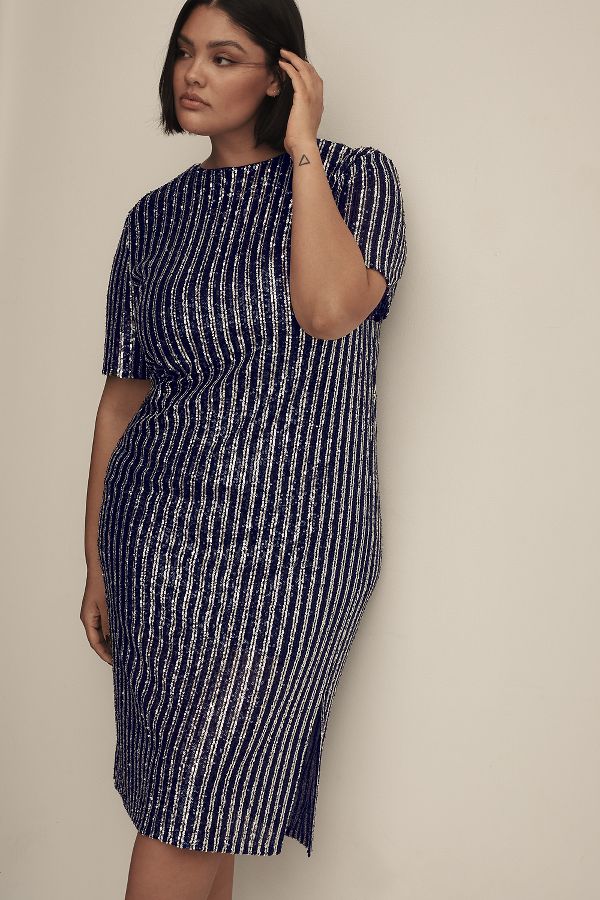 Slide View: 5: Flat White Short-Sleeve Sequin Stripe Midi Dress