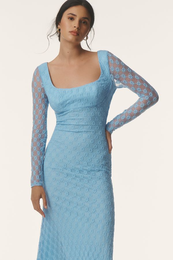 Slide View: 4: Bardot Adoni Long-Sleeve Square-Neck Lace Midi Dress