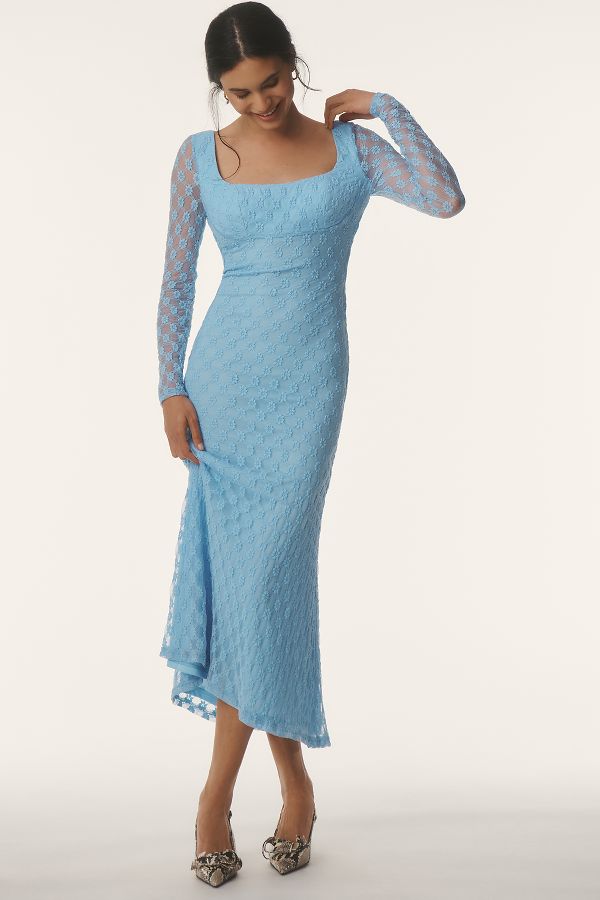 Slide View: 1: Bardot Adoni Long-Sleeve Square-Neck Lace Midi Dress