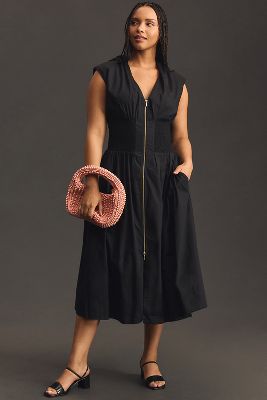 The Tommie Cap-Sleeve Smocked Front-Zip Shirt Dress