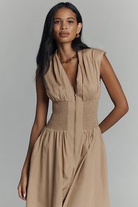 Slide View: 2: The Tommie Cap-Sleeve Smocked Front-Zip Shirt Dress