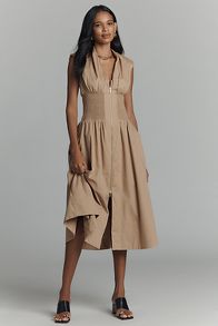 Slide View: 1: The Tommie Cap-Sleeve Smocked Front-Zip Shirt Dress