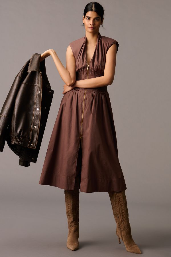 Slide View: 3: The Tommie Cap-Sleeve Smocked Front-Zip Midi Shirt Dress