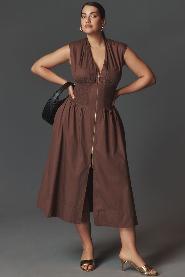 Slide View: 5: The Tommie Cap-Sleeve Smocked Front-Zip Midi Shirt Dress