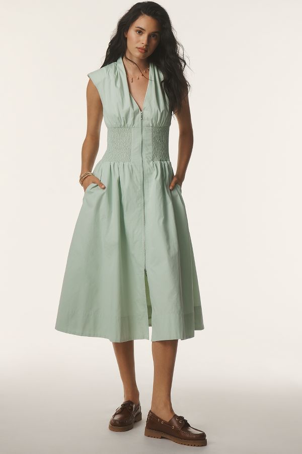 Slide View: 1: The Tommie Cap-Sleeve Smocked Front-Zip Shirt Dress