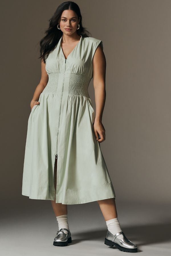 Slide View: 5: The Tommie Cap-Sleeve Smocked Front-Zip Shirt Dress