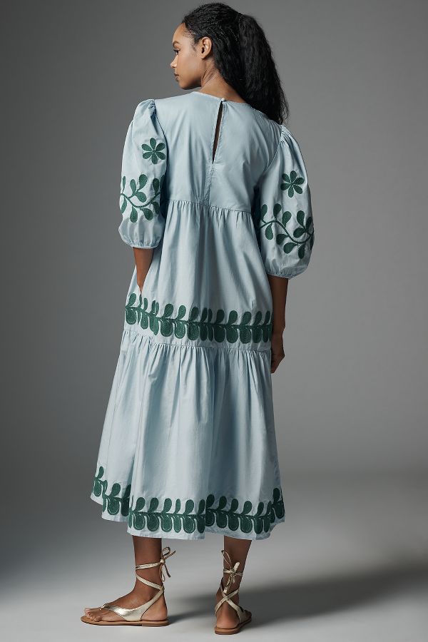 Slide View: 2: By Anthropologie Embroidered Puff-Sleeve Midi Dress