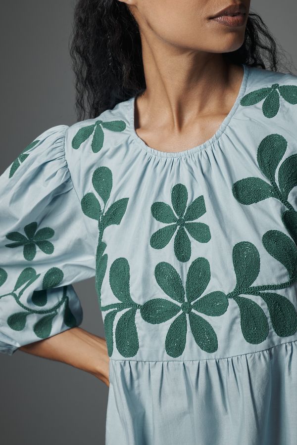 Slide View: 4: By Anthropologie Embroidered Puff-Sleeve Midi Dress