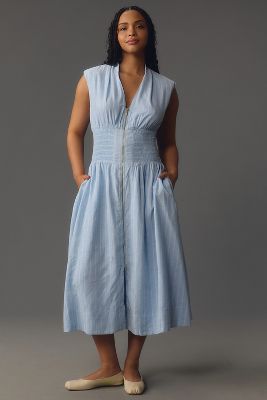 The Tommie Linen Cap-Sleeve Smocked-Waist Midi Dress