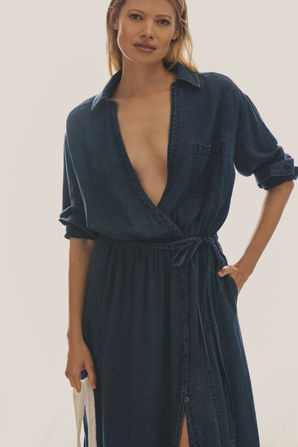 Slide View: 2: Pilcro V-Neck Linen Midi Wrap Dress