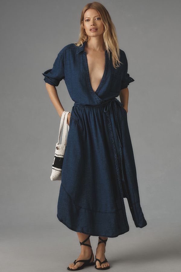 Slide View: 1: Pilcro V-Neck Linen Midi Wrap Dress