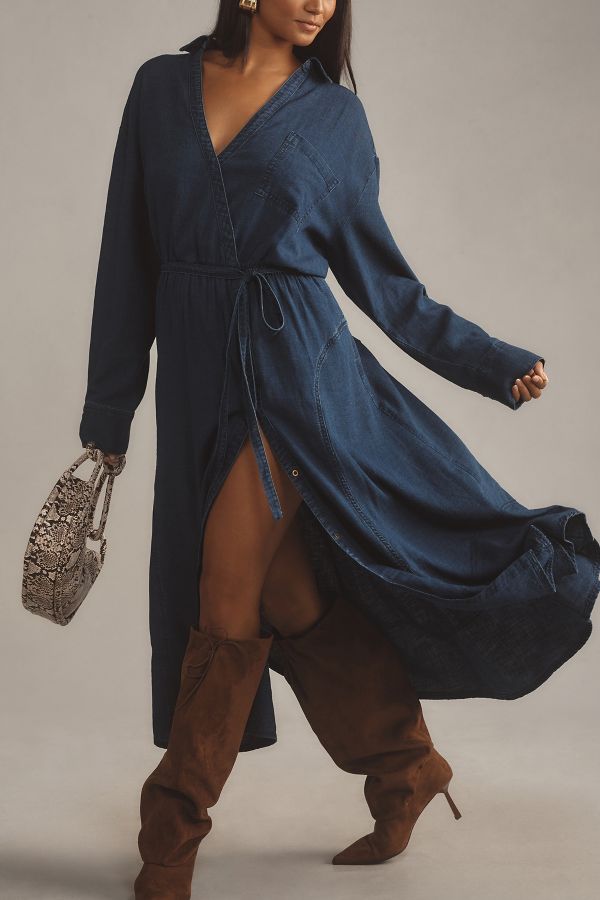 Slide View: 8: Pilcro V-Neck Linen Midi Wrap Dress