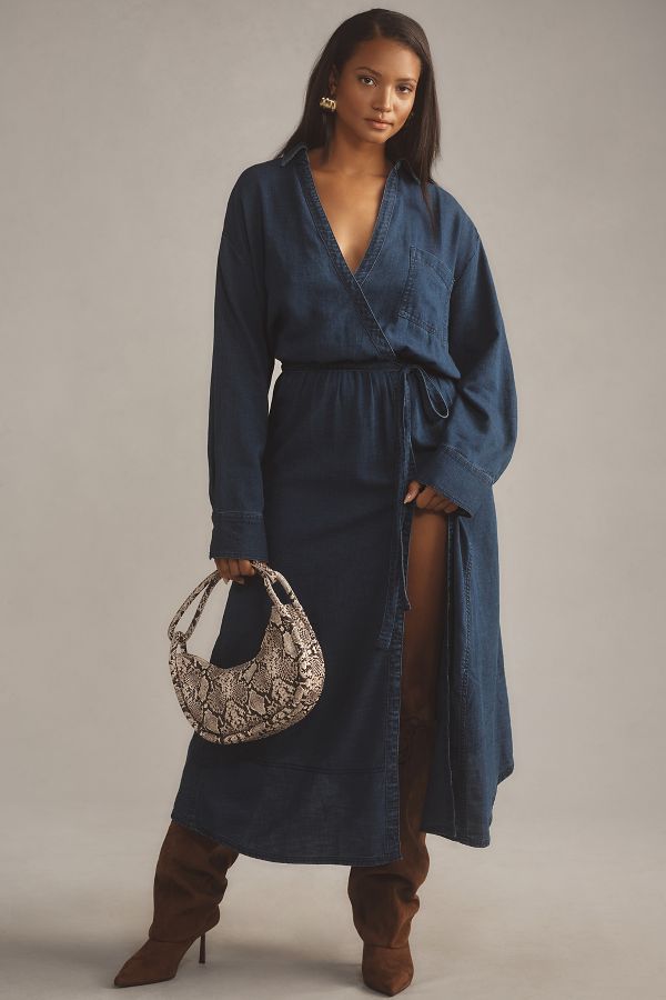 Slide View: 5: Pilcro V-Neck Linen Midi Wrap Dress