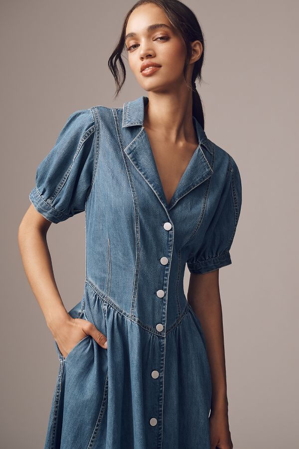 Vista de diapositivas: 3: Vestido Camisa Denim de Manga Corta Midi Pilcro