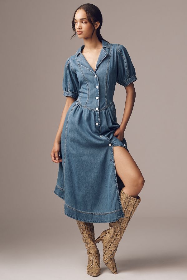 Vista de diapositivas: 1: Vestido Camisa Denim de Manga Corta Midi Pilcro