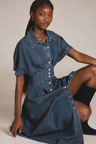 Slide View: 4: The Tobie Button-Front Pleated Shirt Dress by Exquise: Denim Edition