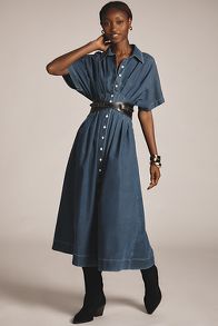 Slide View: 1: The Tobie Button-Front Pleated Shirt Dress by Exquise: Denim Edition