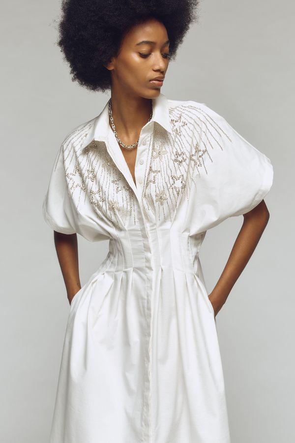 Slide View: 3: The Tobie Button-Front Pleated Shirt Dress by Exquise: Embellished Edition