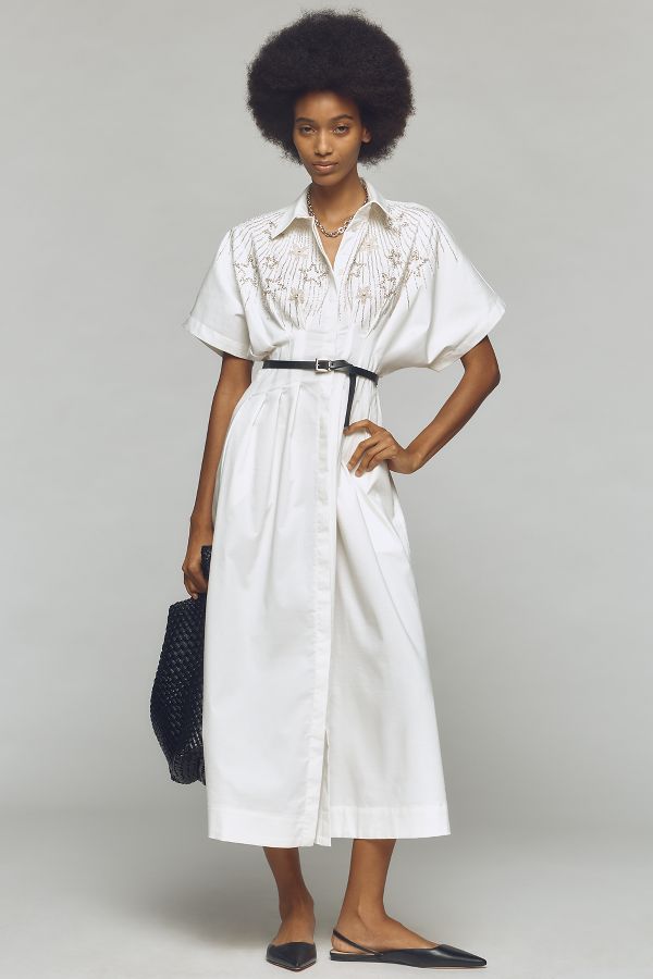 Slide View: 1: The Tobie Button-Front Pleated Shirt Dress by Exquise: Embellished Edition