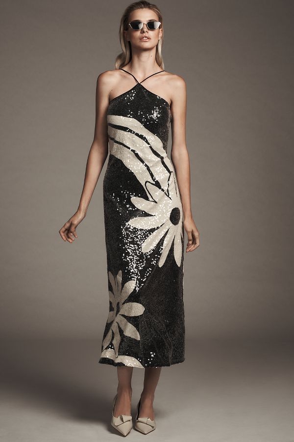 Slide View: 1: Robe Midi Colonne à Sequins et Col Halter Farm Rio