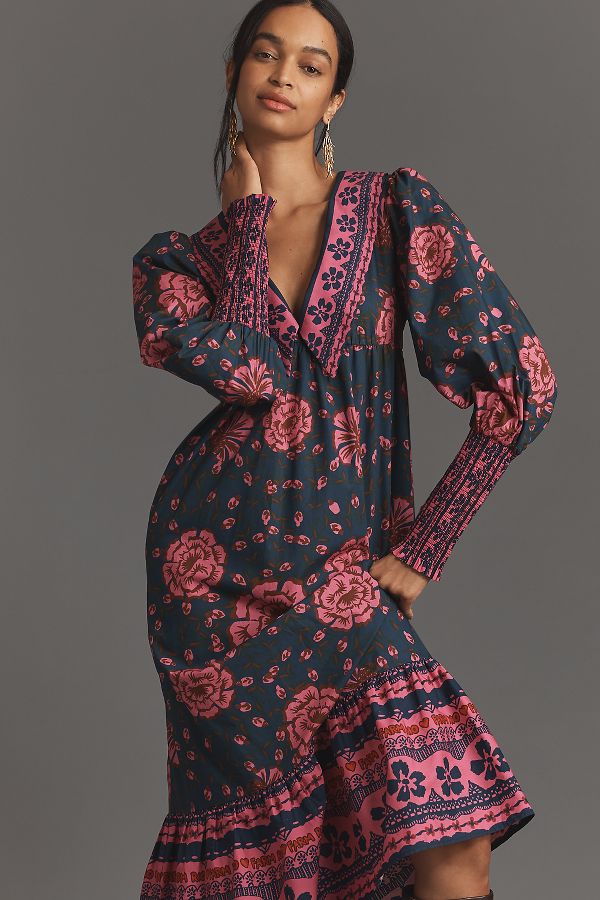 Slide View: 4: Farm Rio x Anthropologie Puff-Sleeve V-Neck Midi Dress