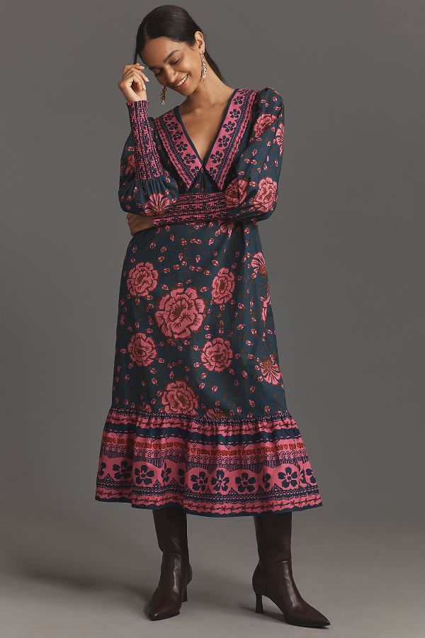 Slide View: 1: Farm Rio x Anthropologie Puff-Sleeve V-Neck Midi Dress