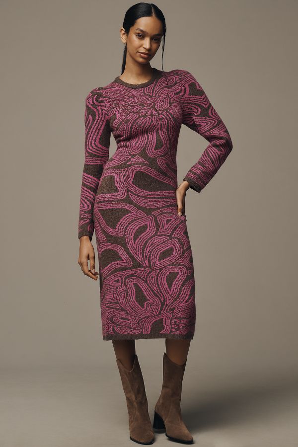 Slide View: 1: Farm Rio x Anthropologie Long-Sleeve Jacquard Printed Midi Dress