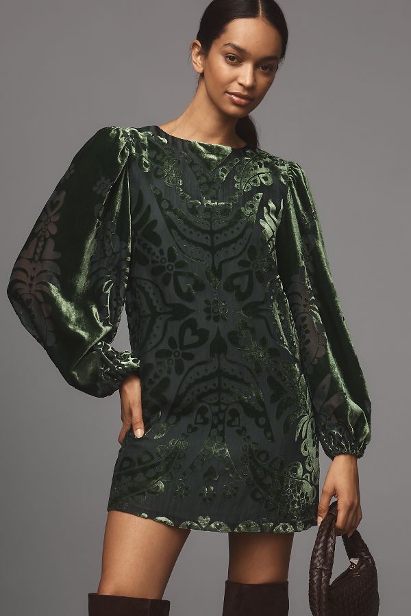 Slide View: 2: Farm Rio x Anthropologie Long-Sleeve Burnout Velvet Mini Dress