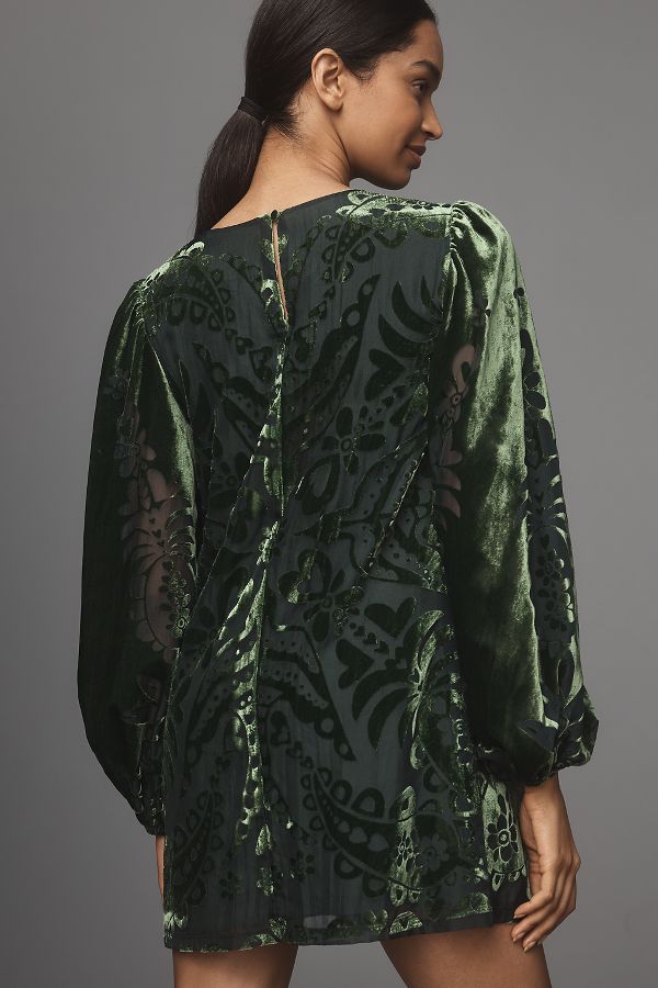 Slide View: 3: Farm Rio x Anthropologie Long-Sleeve Burnout Velvet Mini Dress