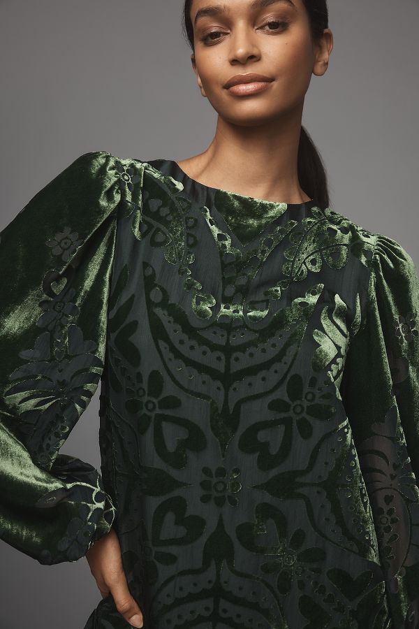 Slide View: 4: Farm Rio x Anthropologie Long-Sleeve Burnout Velvet Mini Dress