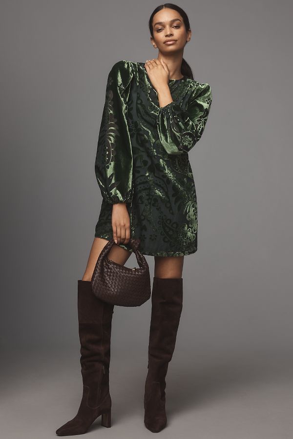 Slide View: 1: Farm Rio x Anthropologie Long-Sleeve Burnout Velvet Mini Dress