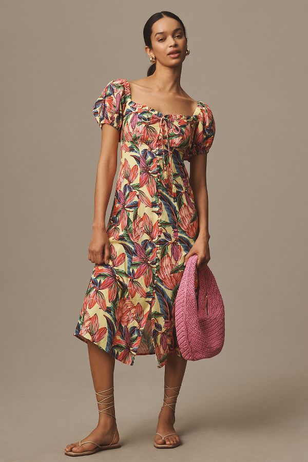 Slide View: 4: Farm Rio x Anthropologie Puff-Sleeve Sweetheart Linen Midi Dress