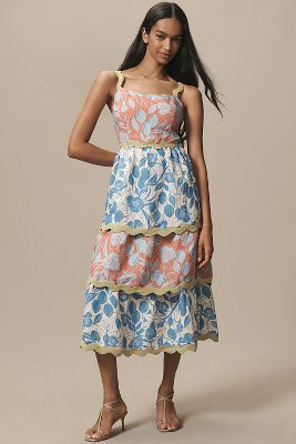 Farm Rio x Anthropologie Linen Blend Tiered Ric Rac Midi Dress