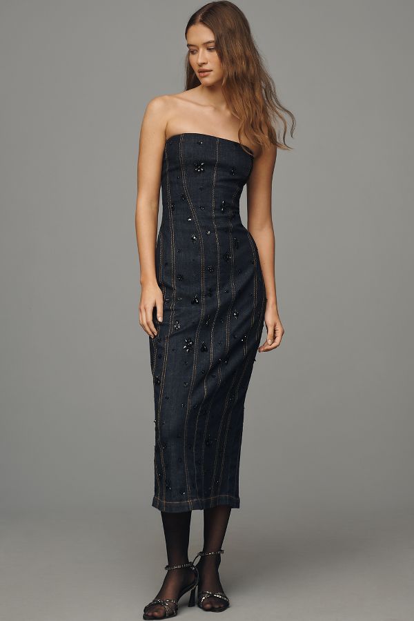 Slide View: 1: Robe en Denim Sans Bretelles Perlée Par Anthropologie