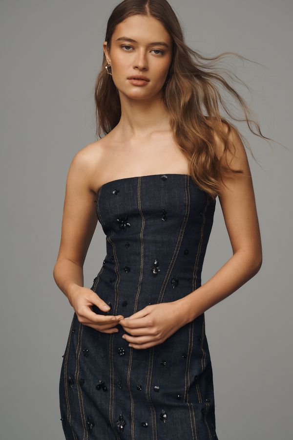 Slide View: 3: Robe en Denim Sans Bretelles Perlée Par Anthropologie