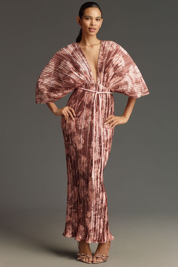 Slide View: 1: Sonya Moda Gianna Plunge Belted Plissé Maxi Dress