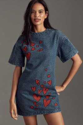 Dhruv Kapoor Short-Sleeve Embroidered Heart Denim Mini Dress