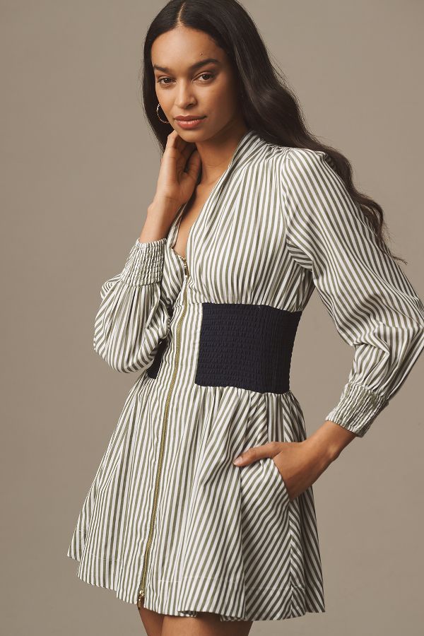 Slide View: 1: The Tommie Smocked Front-Zip Shirt Dress: Long-Sleeve Mini Edition