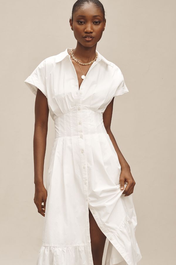 Slide View: 3: By Anthropologie Short-Sleeve Pleated Midi Shirt Dress