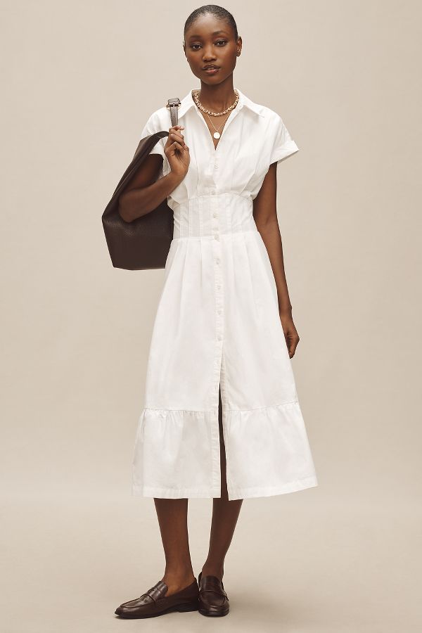 Slide View: 1: By Anthropologie Short-Sleeve Pleated Midi Shirt Dress