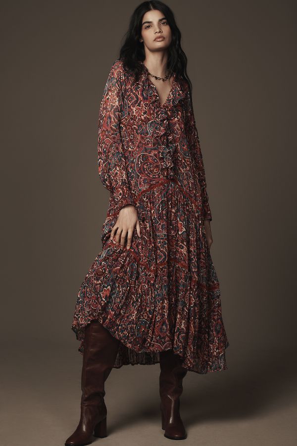 Slide View: 1: By Anthropologie Long-Sleeve Ruffled Boho Midi Dress