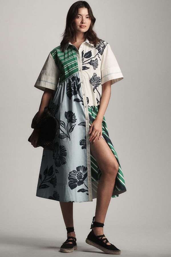 Slide View: 1: Maeve Mixed-Print Buttondown Dress