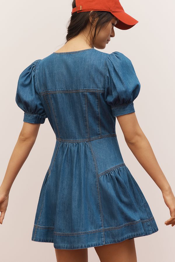 Slide View: 2: Robe Mini en Denim à Manches Bouffantes et à Volants Maeve