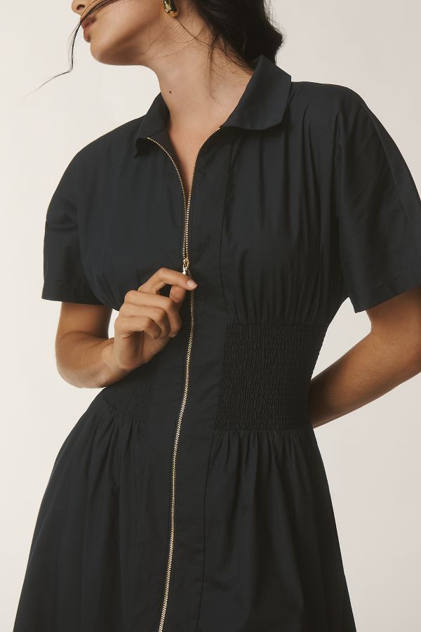 Slide View: 2: The Tommie Cap-Sleeve Smocked Front-Zip Shirt Dress