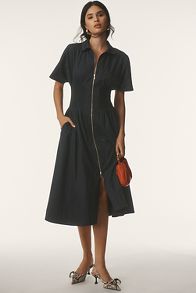 Slide View: 1: The Tommie Cap-Sleeve Smocked Front-Zip Shirt Dress