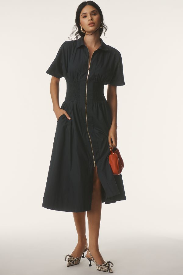 Slide View: 1: The Tommie Cap-Sleeve Smocked Front-Zip Shirt Dress