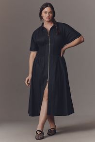 Slide View: 5: The Tommie Cap-Sleeve Smocked Front-Zip Shirt Dress