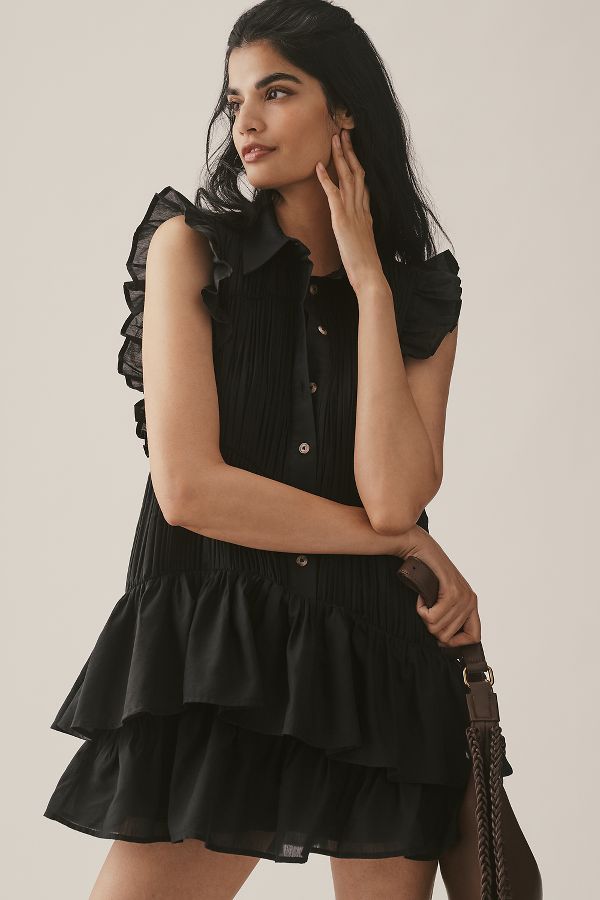 Slide View: 1: By Anthropologie Sleeveless Ruffle Mini Shirt Dress